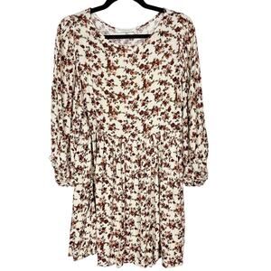 Audrey 3+1 Medium M Cream Red Floral Printed Dress 3/4 Sleeves Pleated Skirt